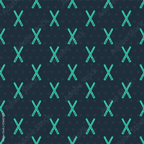 Green line Crossed billiard cues icon isolated seamless pattern on blue background. Vector