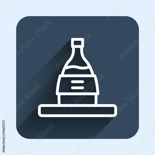 White line Bottle of sake icon isolated with long shadow background. Blue square button. Vector
