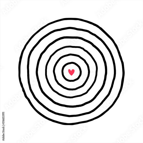 Hand drawn round shape made of uneven artistic concentric circles. Radial frame, border templates, design elements set. Wide doodle stripes. Target with tiny heart in the centre. Text background.