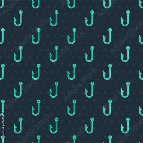 Green line Fishing hook icon isolated seamless pattern on blue background. Fishing tackle. Vector