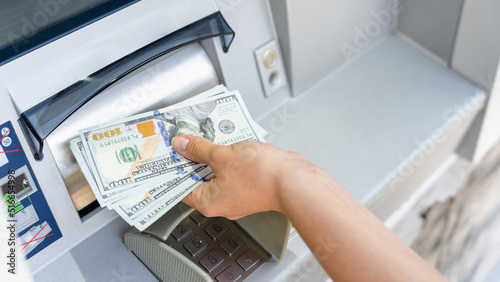 Atm cash machine money. Woman withdraw money dollar bill. Holding american hundred cash. Money dollar, bank credit card.