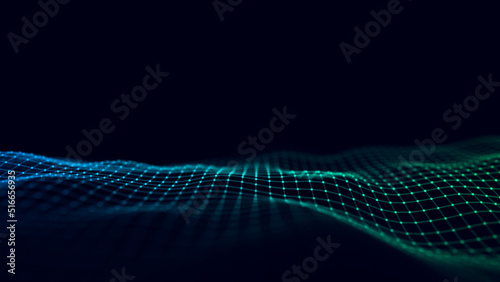 Futuristic moving wave. Digital background with moving glowing particles and lines. Big data visualization. 3d rendering