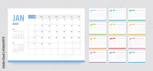 Year 2023 monthly desk calendar. Week starts Sunday. Vector template.