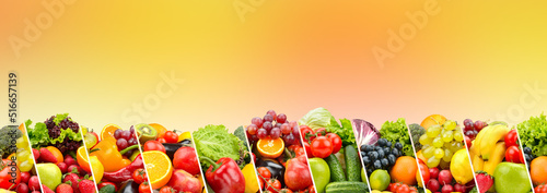 Berries, fruits and vegetables on an orange background.