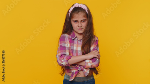 Фотография Displeased upset young preteen child girl kid reacting to unpleasant awful idea, dissatisfied with bad quality, wave hand, shake head No, dismiss idea, dont like proposal