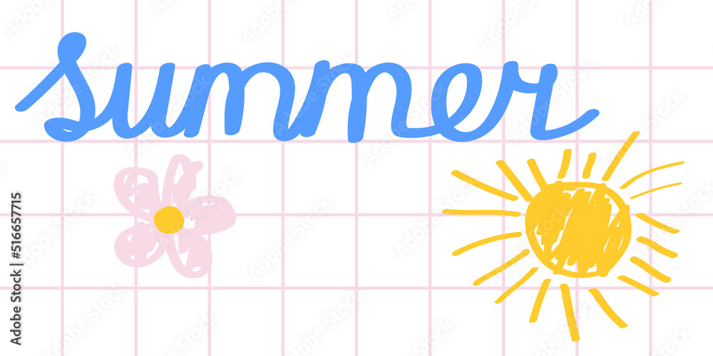 Raster graphics - the word summer written in a child's handwriting on a white notebook sheet and a naive drawing of the sun and a flower