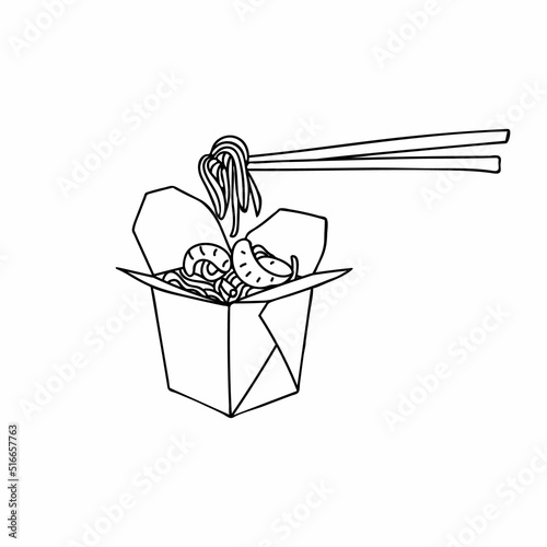 Chinese take away food. Japanese take away food in vector. Vermicelli in take away package with chopsticks doodle illustration. Hand drawn chinese food in takeaway package with chopsticks