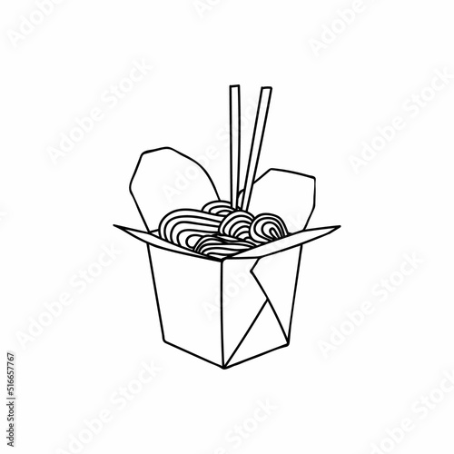 Chinese take away food. Japanese take away food in vector. Vermicelli in take away package with chopsticks doodle illustration. Hand drawn chinese food in takeaway package with chopsticks