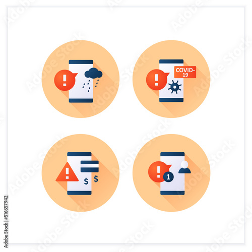 Warnings flat icons set. Different notification types. Coronavirus, payment failed. Error messages. Exclamation pointer. Signs variation concepts.3d vector illustrations