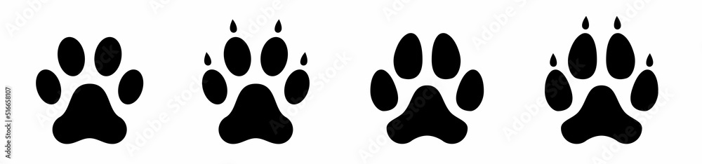 Dog or cat paw print flat icon. Different animal paw print. Dog, puppy silhouette animal diagonal tracks for t-shirts. Animal apps and websites. Vector illustrations - obrazy, fototapety, plakaty 