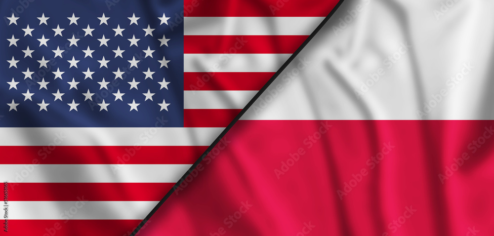 Fototapeta premium Poland and United States, USA two flags textile cloth, fabric texture. Relations between countries.
