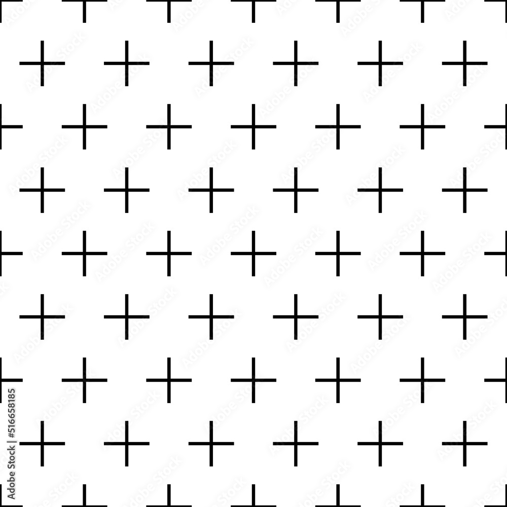 Repeated black pluses on white background. Crosses wallpaper. Seamless surface pattern design with polygons. Mosaic motif. Digital paper for page fills, web designing, textile print. Vector art.