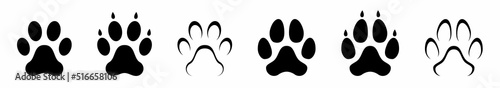 Dog or cat paw print flat icon. Different animal paw print. Dog, puppy silhouette animal diagonal tracks for t-shirts. Animal apps and websites. Vector illustrations