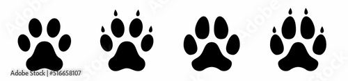 Dog or cat paw print flat icon. Different animal paw print. Dog, puppy silhouette animal diagonal tracks for t-shirts. Animal apps and websites. Vector illustrations