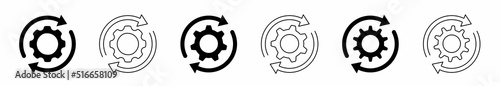 Sync process set. Gear set. Recycling icon. Circular vector arrows. Black gear wheel icons on white background. Vector illustration