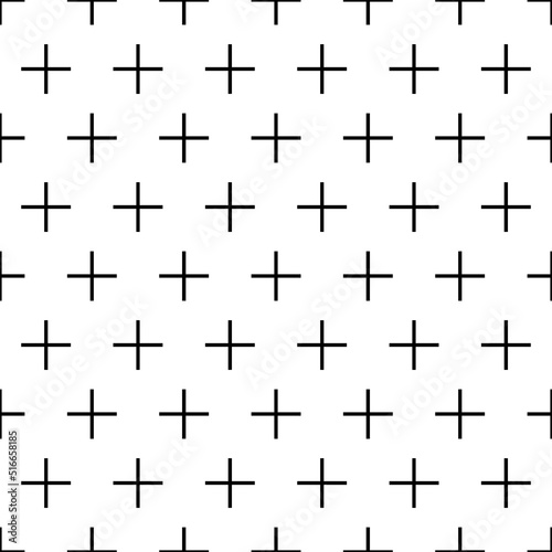 Repeated black pluses on white background. Crosses wallpaper. Seamless surface pattern design with polygons. Mosaic motif. Digital paper for page fills, web designing, textile print. Vector art.