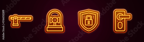 Set line Parking car barrier, Ringing alarm bell, Shield security with lock and Fingerprint door. Glowing neon icon. Vector