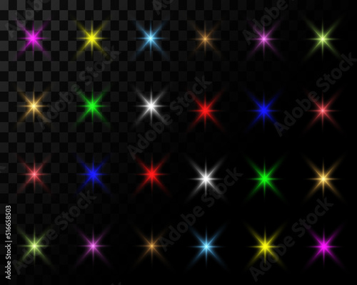Set of colorful stars, vector flares with light on a transparent background. Abstract laser stars. Vector illustration