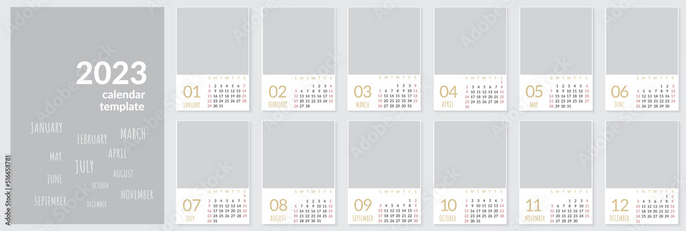 Vertical wall calendar template for 2023 year. Set of 12 months. Week starts on Sunday. Planner in minimalist style with place for photo. Vector editable corporate and business calendar page template Vertical wall calendar template for 2023 year. Set of 12 months. Week starts on Sunday. Planner in minimalist style with place for photo. Vector editable corporate and business calendar page template