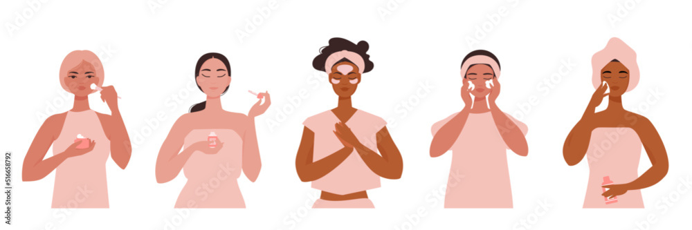 Set of standing cute girls. Facial cosmetics to cleanse, moisturize and intoxicate. Multi ethnic women take care to get healthy glowing skin. Flat vector illustration isolated on white background.	