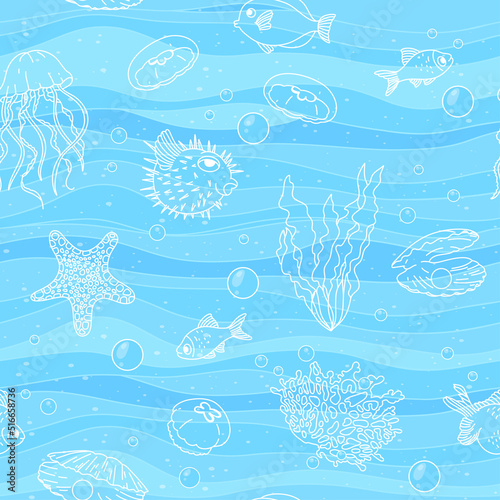 Photography Seamless hand-drawn pattern with sea animals and fish on the background of sea waves