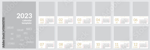 Vertical wall calendar template for 2023 year. Set of 12 months. Week starts on Sunday. Planner in minimalist style with place for photo. Vector editable corporate and business calendar page template