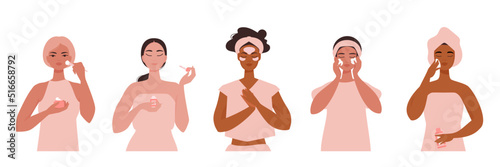 Set of standing cute girls. Facial cosmetics to cleanse, moisturize and intoxicate. Multi ethnic women take care to get healthy glowing skin. Flat vector illustration isolated on white background.	