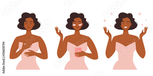 3 steps scheme to apply eye patches. Infographic with cute African American girl. Beauty procedures for healthy glowing skin. Vector illustration isolated on white background. 