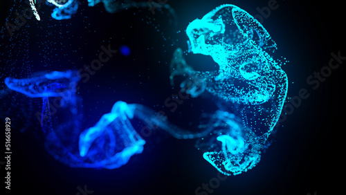 3d render. Injection of fluorescent ink in water isolated on black background. Glow particles or sparks like shiny magic spell. Fantastic background for festive event. Blue shades