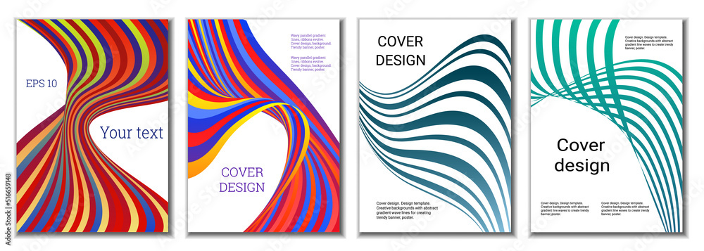 A set of 4 abstract covers. Wavy parallel gradient lines, ribbons evolve. Cover design, background. Trendy banner, poster.