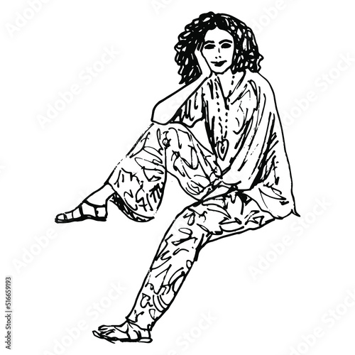 Pretty young woman with curvy hair seated in loose pose and popping her head with her hand. Female portrait. Hand drawn linear doodle rough sketch. Black silhouette on white background.