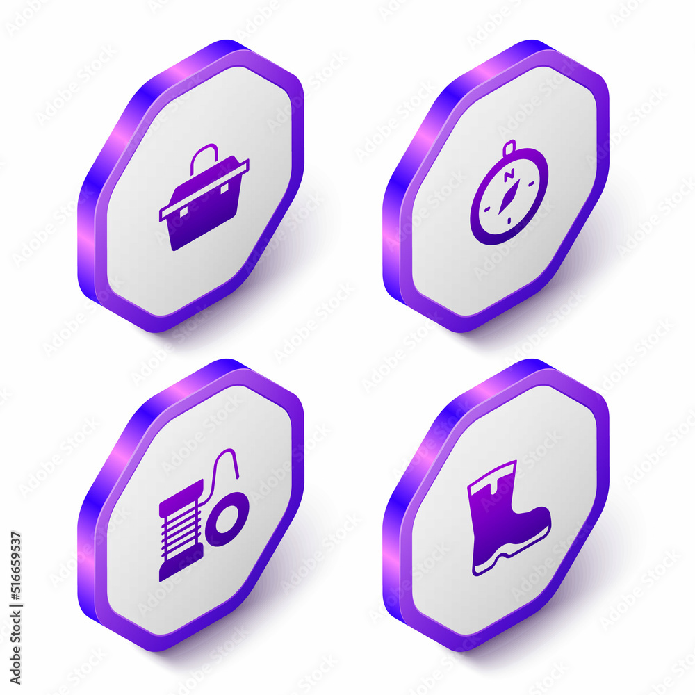 Set Isometric Case or box for fishing equipment, Compass, Spinning reel and Fishing boots icon. Purple hexagon button. Vector Set Isometric Case or box for fishing equipment, Compass, Spinning reel and Fishing boots icon. Purple hexagon button. Vector