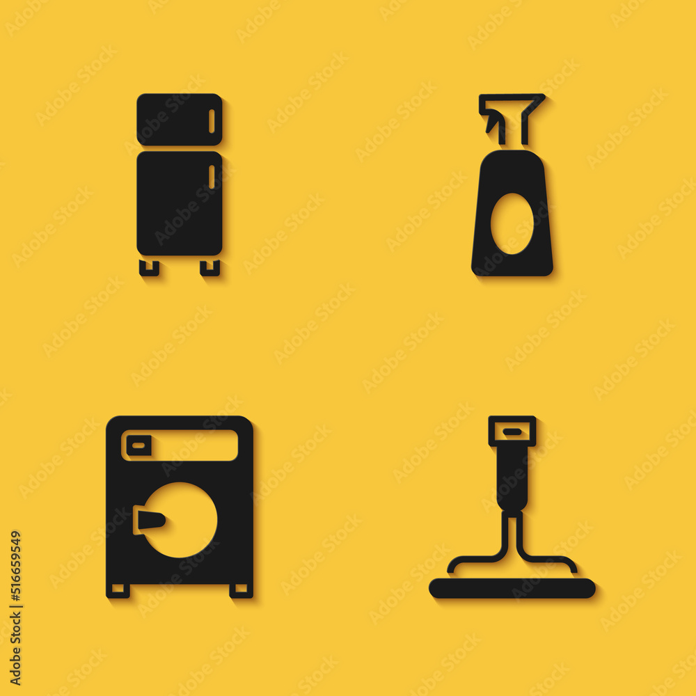 Set Refrigerator, Rubber cleaner for windows, Washer and Cleaning spray with detergent icon with long shadow. Vector Set Refrigerator, Rubber cleaner for windows, Washer and Cleaning spray with detergent icon with long shadow. Vector