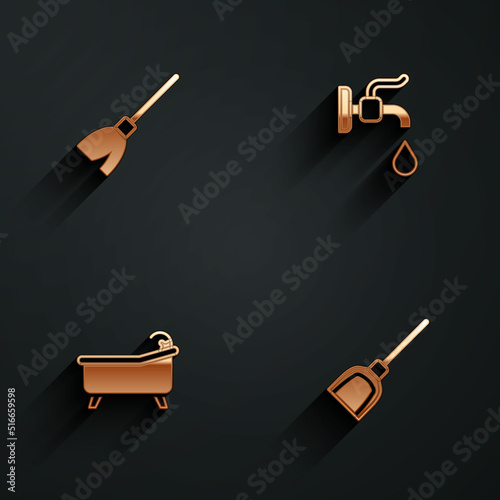 Set Handle broom, Water tap, Bathtub and Dustpan icon with long shadow. Vector