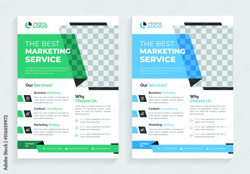 Modern corporate business flyer template, geometric shape two colors scheme in a4 size