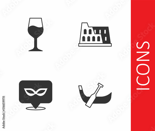 Set Gondola boat, Wine glass, Carnival mask and Coliseum icon. Vector
