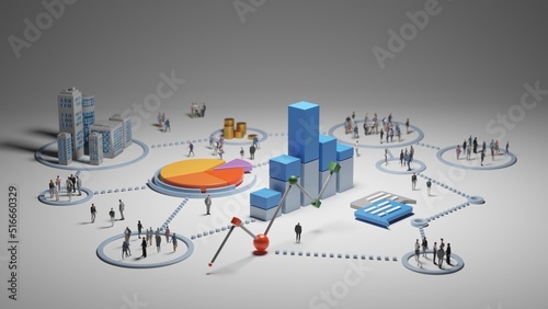 Big data analytics, abstract concept. Graphs and charts showing information about people. Digital 3D rendering.