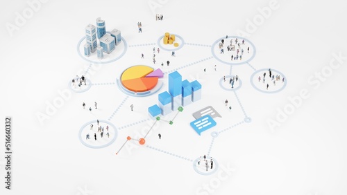 Big data analytics, abstract concept. Graphs and charts showing information and groups of people on a white background. Digital 3D rendering.