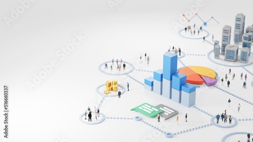 Big data analytics, abstract concept. Graphs and charts showing information and groups of people on a white background. Digital 3D rendering.