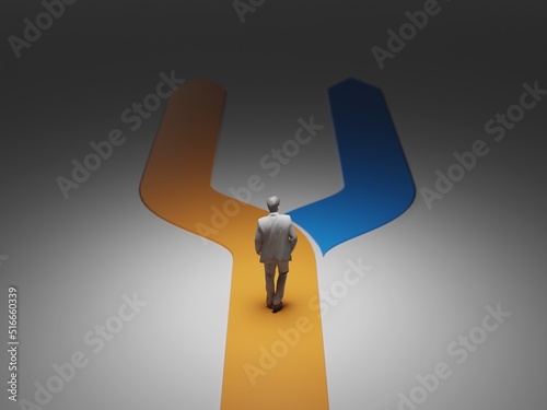 Business decision, career strategy concept. Businessman deciding between two ways to take. Digital 3D rendering.