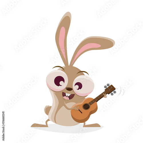 funny illustration of a cartoon rabbit with ukulele or guitar