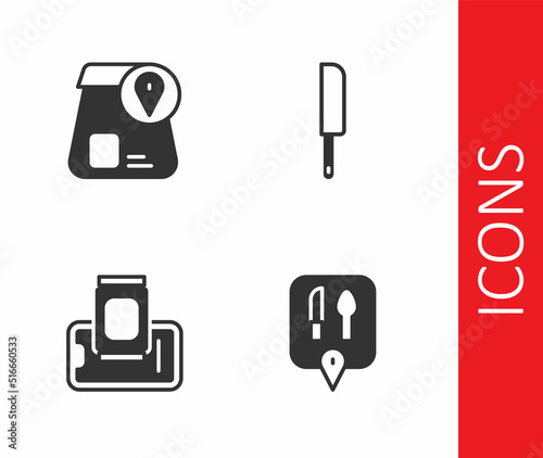 Set Cafe and restaurant location, Online ordering food, Food mobile and Knife icon. Vector