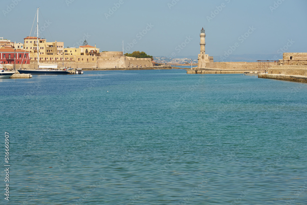 An ancient lighthouse in the port of Chania on the island of Crete