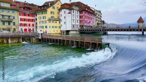 The Needle Dam, Reusssteg bridge and Water Tower on Reuss, Lucerne, Switzerland photo