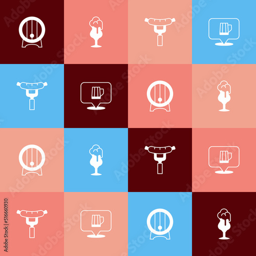 Set pop art Wooden barrel on rack, Glass of beer, Sausage the fork and mug icon. Vector