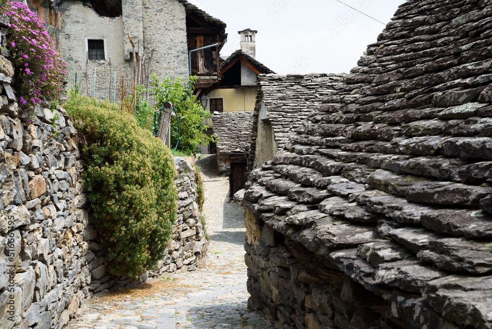 Monte Ossolano, Province of Verbano-Cusio-Ossola, Italy - 06 19 2022: Monte Ossolano, the fantastic village of stone houses
