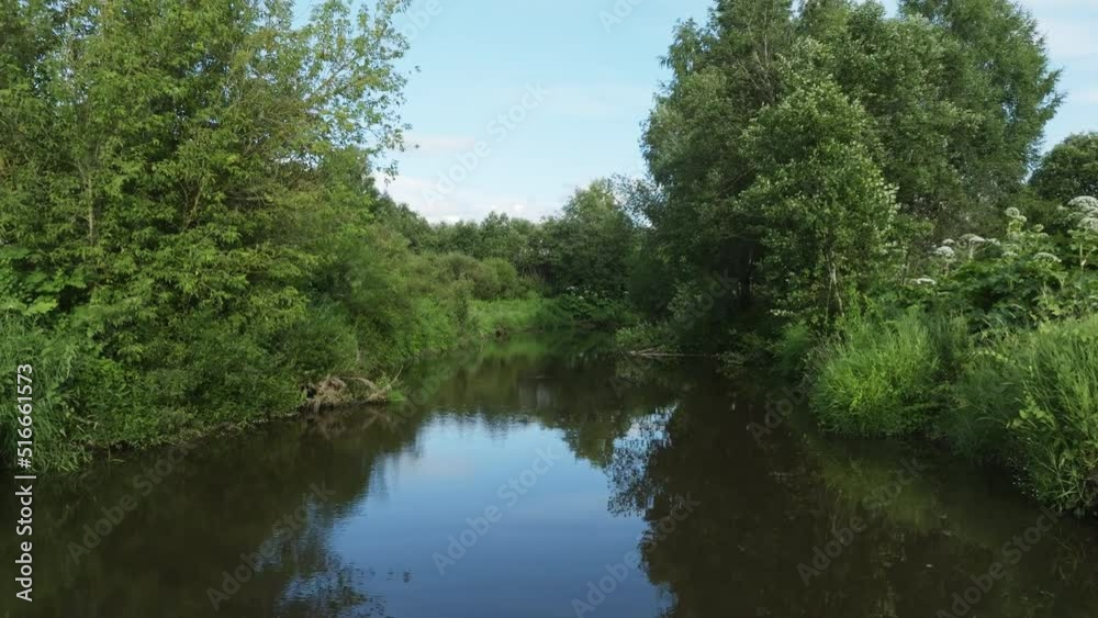 Aerial view of a small river with overgrown bushes and trees banks on a sunny day. The camera is flying low over the water. High quality 4k footage Aerial view of a small river with overgrown bushes and trees banks on a sunny day. The camera is flying low over the water. High quality 4k footage