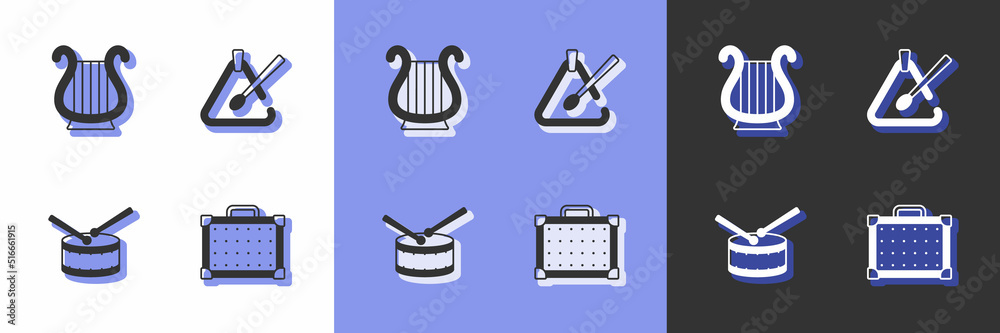 Set Guitar amplifier, Ancient Greek lyre, Drum with drum sticks and Triangle musical instrument icon. Vector