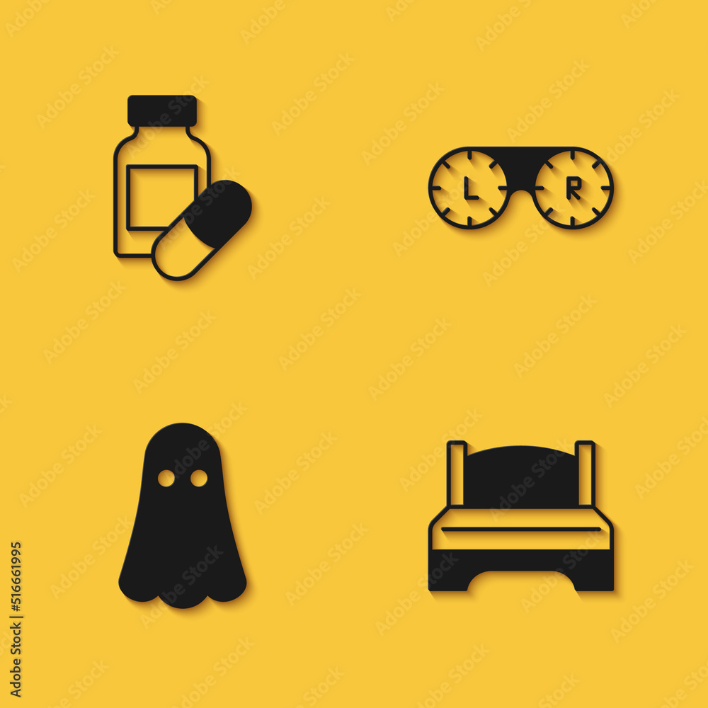 Set Sleeping pill, Big bed, Ghost and Contact lens container icon with long shadow. Vector Set Sleeping pill, Big bed, Ghost and Contact lens container icon with long shadow. Vector