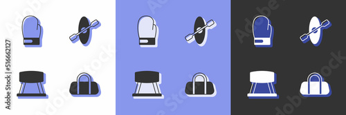 Set Sport bag, Boxing glove, Pommel horse and Kayak and paddle icon. Vector